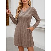 cheap Plain Dress-Women&#039;s Mini Dress A Line Dress Casual Daily Regular Fit Plain Long Sleeve V Neck Wine Light Brown Green Dark Gray Winter Autumn