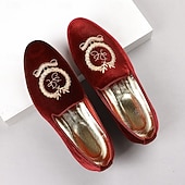 お買い得  ローファー-刺繍入りの紋章が入ったメンズ バーガンディ ベルベット ローファー - 結婚式、宴会、お祝いの席にぴったりのスリッポン パーティー ドレスシューズ