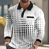 abordables Polo géométrique pour homme-Homme Géométrique Polo manche longue Polos Chemises à Col Vêtement décontracté de travaile Affaires Athleisure Tenue quotidienne Boutons Avec Poches Impression 3D Printemps Automne Hiver Noir Bleu
