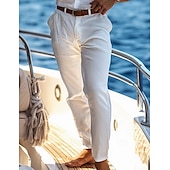 baratos Feriado-Homens Calças de linho Calças Calça verão Calças Cropped Calças de praia Bolsos Botões Tecido Conforto Respirável Comprimento total Casual Diário Feriado Férias Moda Preto Branco