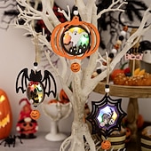 お買い得  ハロウィンの吊るし飾りとテーブルトップ装飾-ハロウィーンのLED木製オーナメント3個、吊り下げ装飾、怖いカボチャとクモのサイン、ハロウィーンの壁の装飾とパーティーの雰囲気に最適