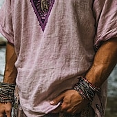 preiswerte Urlaub-Herren Leinenhemd Sommerhemd Vintage-Shirt Kurzarmshirt Ethno-Hemd Patchwork Urlaub Straße Purpur Kurzarm V Ausschnitt Sommer Bekleidung Ethnisch &amp; Religiös