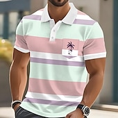 preiswerte Hawaii-Poloshirt für Herren-Herren Horizontale Streifen Palme Polo Kurzarm Polo-Shirts Hemden mit Kragen Lässig Resort Athleisure Alltagskleidung Urlaubskleidung Tasche 3D-Druck Knöpfe Sommer Gelb Rosa Blau