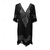 tanie Sukienki boho-Damskie Sukienka mini Sukienka z frędzlami Sukienka z nadrukiem Moda Klasyczny Nowoczesny Na zewnątrz Urlop Codzienny Regularny Kwiat Krótki rękaw W serek Czarny Lato