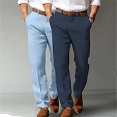 ieftine Clasic-Bărbați Costume Pantaloni de in Pantaloni Pantaloni de vară Buzunar frontal Picior drept Simplu Confort Respirabil Lungime totală Oficial Afaceri Concediu Modă De Bază Negru + Gri deschis Albastru