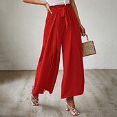 baratos perna larga e cintura alta-Mulheres Perna larga Calças Roupa de rua Casual Comprimento total Natural Tecido Bolsos Com Cordão Design de cordão elástico Exterior Confortável Final de semana Streetwear Magenta Camelo Adamascado