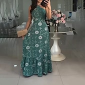 levne Elegantní květinové šaty-Dámské Dlouhé šaty Maxi šaty Květinové šaty Šaty s ohlávkou ke krku Šaty s potiskem Módní Klasické Moderní Venkovní Dovolená Denní Běžný Květiny Bez rukávů Krk ohlávky Vodní modrá Trávová zelen