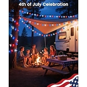 preiswerte Solar Lichterketten-1 Stück 12 m - 100 LED-Perlen, solarbetriebene patriotische Lichterketten für den Außenbereich, wasserdicht, 4. Juli, Unabhängigkeitstag, rot-weiß-blaue Blasenkugel-Lichterkette, Hof, Gartenzaun, Balkon, Party, patriotische Atmosphäre