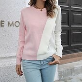 preiswerte Grafische Muster und Details-Damen Pullover Lässig Farbblock Grobstrick Rundhalsausschnitt Gestrickt Langarm Normale Oberteile Stricken Täglich Ferien Ausgehen Rosa Blau Herbst Winter