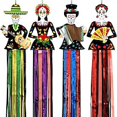 お買い得  ハロウィン壁タペストリー-3.6フィートのハロウィンシュガースカル吊り下げ装飾、メキシカンパーティーポーチ吊り下げ、メタリックホイルフリンジ付き、メキシカンフィエスタハロウィン、死者の日、庭、ツリー、祭壇、家庭用、屋内、屋外用