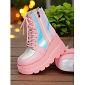 baratos Festa da Vida Noturna-Botas de combate femininas plataforma rosa, botas de cano curto holográficas com cadarço e salto grosso com zíper lateral, estilo de rua ousado para vida noturna e roupas de festa
