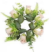olcso Művirág-műrózsa gyertyagyűrű koszorú, virágos gyertyatartó dekoráció esküvőre, asztaldíszre, fesztiválra vagy európai stílusú lakberendezésre