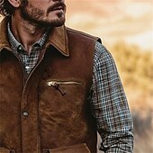 preiswerte Men&#039;s Vest-Herren Weste Gilet Outdoor Täglich Vintage Lässig Frühling Herbst Tasche Knöpfe Polyester Bequem Einfach Einreihig Ein-Knopf Revers Normale Passform Braun Weste