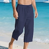 baratos Feriado-Homens Calças Capri Shorts de linho Shorts de verão Shorts de praia Bolsos Cintura elástica Com Cordão Tecido Conforto Respirável Comprimento da panturrilha Férias Feriado Praia Havaiana Boho Preto