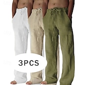 baratos Clássico-Homens Calças de linho Calças Calça verão Calças largas Calças de praia Bolsos Com Cordão Tecido Conforto Respirável Comprimento total Ioga Casual Diário Férias Estilo Clássico Khaki + Branco + Cinza