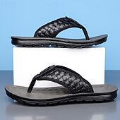 billige Ferietøfler-herrebrune flip-flops i kunstskinn med vevd mønsterrem, myk EVA-såle, komfortabel for feriested og hverdagslige sommerantrekk