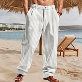 preiswerte Urlaub-Herren Leinenhosen Hose Sommerhose Gerader Schnitt Gestreift Komfort Atmungsaktiv Volle Länge Party Geschäft Strand Urlaub Mode Schwarz Weiß