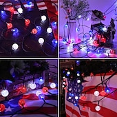 preiswerte Solar Lichterketten-1 Stück 12 m - 100 LED-Perlen, solarbetriebene patriotische Lichterketten für den Außenbereich, wasserdicht, 4. Juli, Unabhängigkeitstag, rot-weiß-blaue Blasenkugel-Lichterkette, Hof, Gartenzaun, Balkon, Party, patriotische Atmosphäre