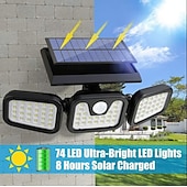 olcso Kültéri falilámpák-3 fejű 270° 74 LED-es napelemes oszloplámpák kültéri állítható fejjel, IP67 vízálló napelemes kerti fali lámpa emberi test mozgásérzékelővel, udvari kerti gyep terasz udvari kerítés dekoráció