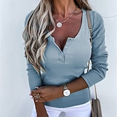 preiswerte Einfarbige Farben-Damen Bluse Einfach Modern Lässig Langarm V Ausschnitt Normale Oberteile Ferien Ausgehen Knöpfe Schwarz Rosa Blau Grün Khaki Herbst