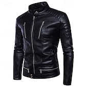 preiswerte Kunstlederjacke-Herren Kunstlederjacke Bikerjacke Motorradjacke Urlaub Täglich Winddicht Warm Tasche Winter Einfach Mode Klassisch Stehkragen Regulär Schwarz Jacken
