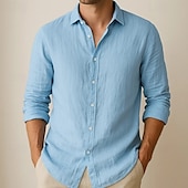 cheap Classic-Men&#039;s Shirt Linen Shirt Summer Shirt Beach Wear Button Up Shirt Plain Vacation Daily Black White Pink Blue Long Sleeve Collar Summer Spring Clothing Apparel Plain