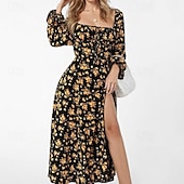 preiswerte Blumenkleid-Damen Maxikleid Milchmädchen-Kleid Urlaub Party Geburtstag Laternenärmel Outdoor Urlaub Täglich Standard Passform Blumen Langarm Quadrathals Weiß Blau Purpur Gold Sommer Frühling Herbst