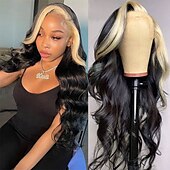 economico Parrucche lace front capelli veri-Parrucca frontale in pizzo con meches 1b/613#, capelli umani, ondulati, densità 150%, 13x4