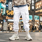 abordables Pantalons Cargo-Homme Pantalons Cargo Pantalon Jogger Pantalons Cordon de serrage Taille Élastique Multi-poches Uni Portable Extérieur Quotidien Camping &amp; Randonnée Mode Classique Noir Blanche