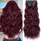 preiswerte Clip-in-Erweiterungen-Clip-in-Haarverlängerungen, 4 Stück, lang, gewellt, synthetisch, dunkelschwarz, braun, Faser, doppelter Schuss, natürlich, dick, 24 Zoll, für Frauen