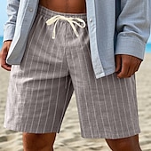 cheap Holiday-Men&#039;s Shorts Linen Shorts Summer Shorts Beach Shorts Drawstring Elastic Waist Striped Comfort Breathable Knee Length Outdoor Daily Beach Vacation Hawaiian Black White