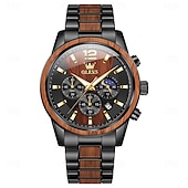 economico Orologi al quarzo-OLEVS 3645 orologio da uomo, orologio al quarzo originale di alta marca, cronografo multifunzionale in legno massello, orologio con fasi lunari