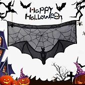 abordables Halloween Cocina-Cenefa de encaje de Halloween para cortina corta, adorno para ventana de cocina, color negro, decoración espeluznante, tela semitransparente para cortina, bolsillo para varilla de poliéster
