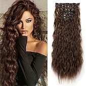 abordables Clip dans les extensions-Extensions de cheveux à clipser 6 pièces 24 extensions de cheveux noirs longues vagues sirène ondulées synthétiques à clipser postiche pour femmes