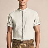 cheap Shirts-Men&#039;s Oktoberfest Shirt Lederhosen Shirt Band Collar Linen Shirt 100% Cotton Beer Costume Short Sleeves Bavarian German Alpine Wiesn Party Beer Carnival Festival Traditional Style Cloth