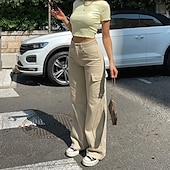 billiga lastbyxor för kvinnor-Dam Militärbyxor Byxor Rak Mode Streetwear Fullängd Naturlig Solid färg Ficka Bekväm Microelastisk Sport &amp; Utomhus Dagliga kläder Aprikos Sommar Höst Normal