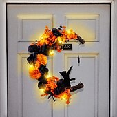 baratos Guirlandas de Halloween e Decorações Florais-guirlanda de lua curva de halloween com gato preto, cabide de porta de lua crescente laranja e preta, guirlanda de porta da frente para decoração de varanda de quintal ao ar livre de halloween