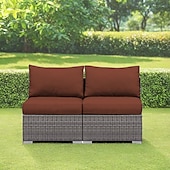 cheap Patio Cushions Cover-2-Piece Patio Armless Sofa Cover Set, Outdoor Sectional Sofa, All-Weather Grey PE Wicker Rattan Conversation Sofa, Outdoor Loveseat, Patio Seating for Balcony Garden Pool