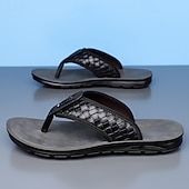 billige Ferietøfler-herrebrune flip-flops i kunstskinn med vevd mønsterrem, myk EVA-såle, komfortabel for feriested og hverdagslige sommerantrekk