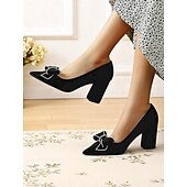זול Block Heels-נעלי עקב שחורות זמש לנשים, נעלי ערב מחודדות עם פפיון אבני חן, אלגנטיות ונוחות לדייטים קז&#039;ואל ולתלבושות יומיומיות