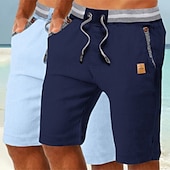 preiswerte Urlaub-Herren Shorts Leinenshorts Sommershorts Strandshorts Tasche Kordelzug Elastischer Bund Einfach Komfort Atmungsaktiv Knielang Täglich Ferien Strand Urlaub Mode Schwarz + Himmelblau Khaki+Marineblau