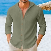 preiswerte Urlaub-Herren Hemd Leinenhemd Sommerhemd Strandhemd Einfarbig Urlaub Lässig Schwarz Weiß Grün Leicht Blau Langarm Kapuzenpullover Frühling &amp; Sommer Bekleidung Button-Down