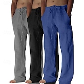 baratos Clássico-Homens Calças de linho Calças Calça verão Calças largas Calças de praia Bolsos Com Cordão Tecido Conforto Respirável Comprimento total Ioga Casual Diário Férias Estilo Clássico Khaki + Branco + Cinza