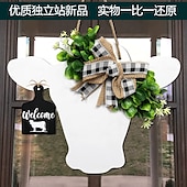 baratos Evento e suprimentos de festa-guirlanda de porta com cabeça de vaca e laço xadrez de búfalo, guirlanda de porta de entrada com flores artificiais e placa de bezerro de madeira, decoração de parede rústica