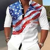 cheap Flag pattern-Independence Day Men&#039;s US Flag Patriotic Fourth of July Shirt Stand Collar Shirt Casual Dress Shirt Long Sleeve Casual Holiday Summer Spring Mandarin Collar Band Collar 3D Print Button Up Shirts