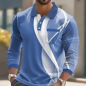 cheap Men&#039;s Geometric Polo-Men&#039;s Geometric Line Polo Long Sleeve Polo Shirts Collared Shirts Business Casual Business Athleisure Daily Wear Buttons Pocket 3D Print Spring Fall Winter Black Blue Sky Blue