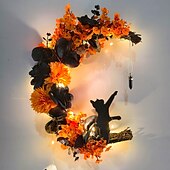 baratos Guirlandas de Halloween e Decorações Florais-guirlanda de lua curva de halloween com gato preto, cabide de porta de lua crescente laranja e preta, guirlanda de porta da frente para decoração de varanda de quintal ao ar livre de halloween