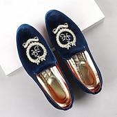 お買い得  ローファー-刺繍入りの紋章が入ったメンズ バーガンディ ベルベット ローファー - 結婚式、宴会、お祝いの席にぴったりのスリッポン パーティー ドレスシューズ