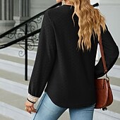 preiswerte Damen Einfache Oberteile-Damen Bluse Farbblock Modern Lässig Langarm V Ausschnitt Normale Oberteile Täglich Ferien Patchwork Gras-Grün Erröten Sie Rosa Schwarz Rosa Wein Sommer