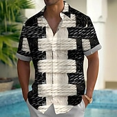 billige Geometrisk mønster-Herre Fargeblokk hampetau Skjorte Sommerskjorte Skjorte med knapper Kortermet Fashion Casual utendørs Feriereise Hverdag Sommer Vår Aftæpning 3D-utskrift krage skjorter Front One Lomme Svart
